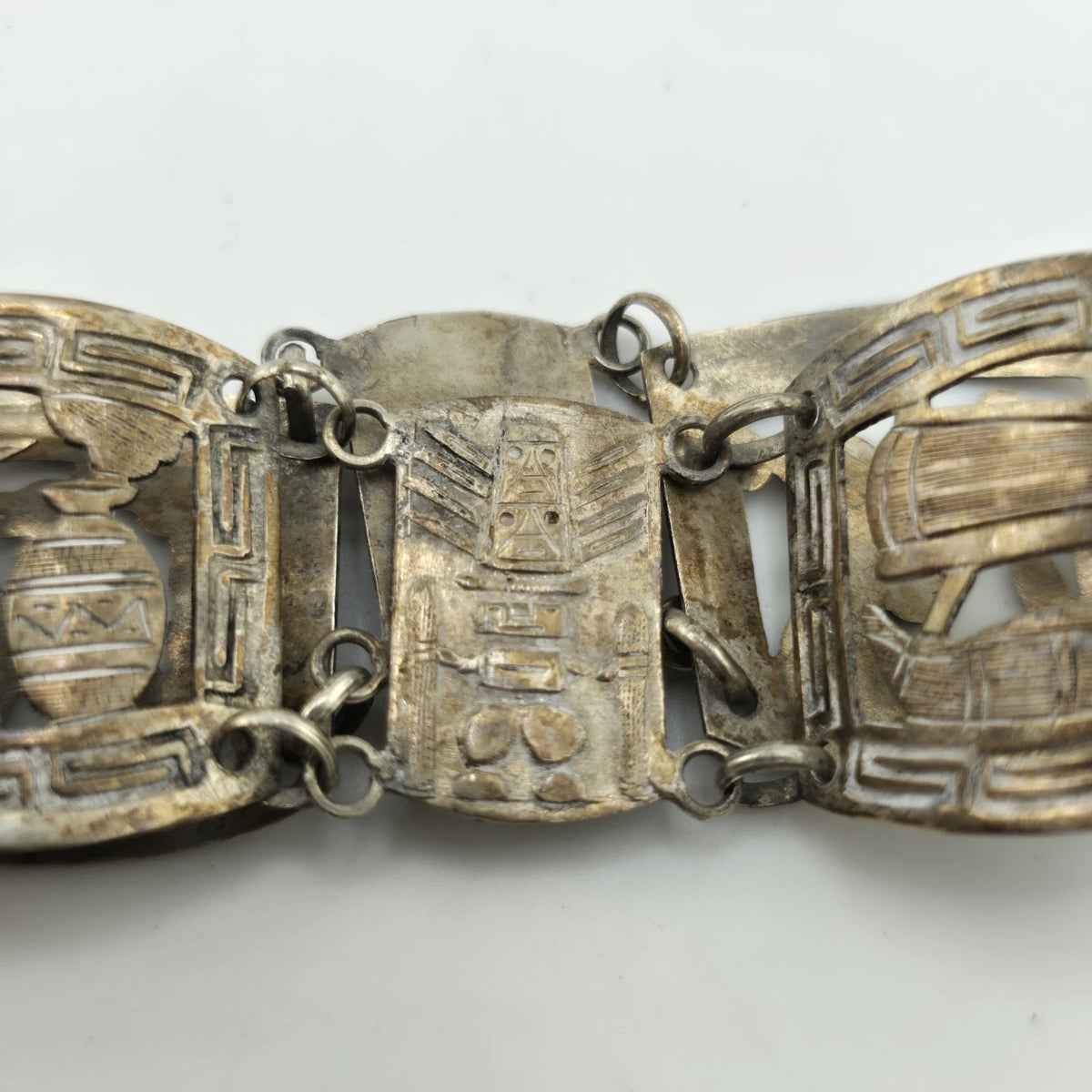 Vintage Sterling Peruvian Story Panel Link Bracelet Cultural Motif Design 15.5g