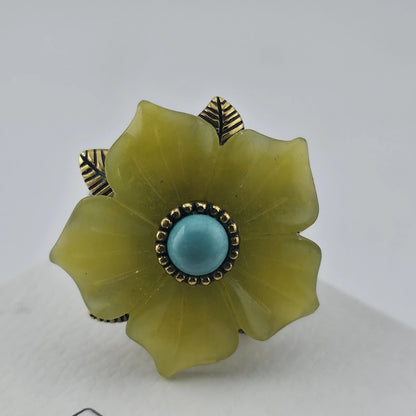 Sterling Silver Bronze Flower Ring Size 7 Yellow Floral Turquoise Cabochon 925