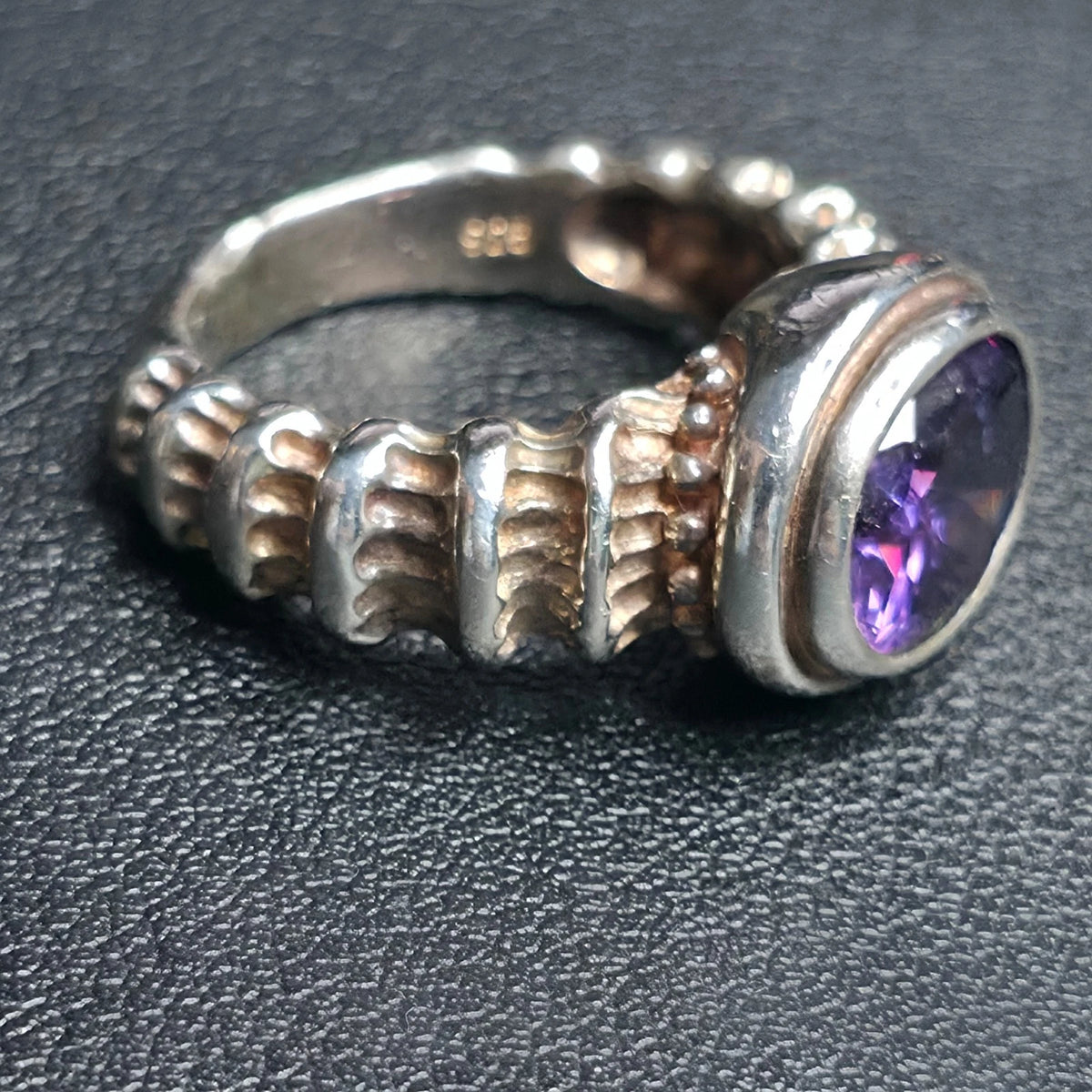 Sterling Silver Purple Oval Faceted Stone Ring Sz 9.25 Beaded Band