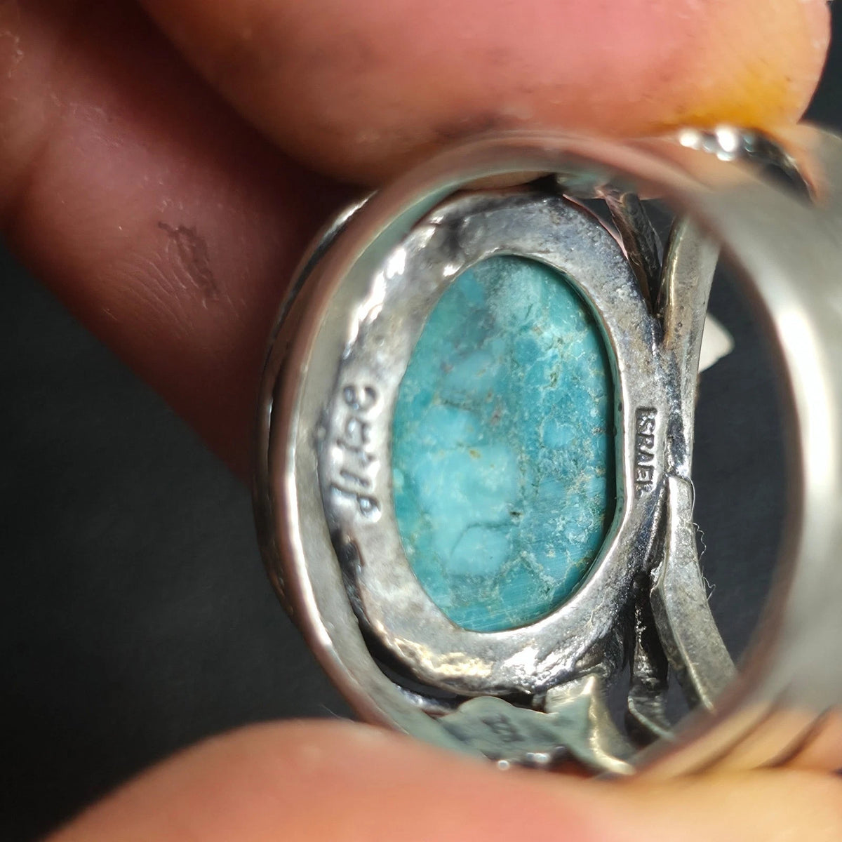 Vintage Sterling Silver 925 Israel Oval Turquoise Bypass Ring Size 8