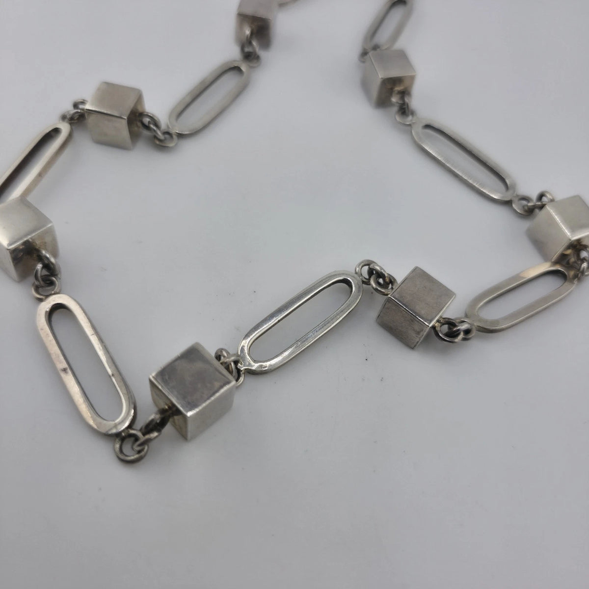 Vintage Sterling Silver 925 Mexico Geometric Cube Oval Link Necklace 80g 23"