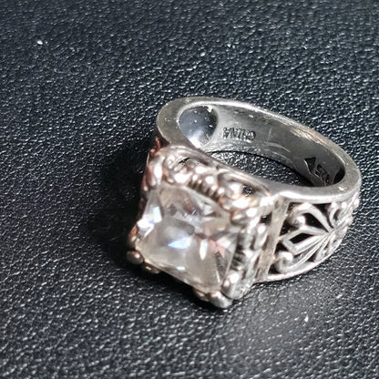 Sterling Silver 925 Filigree Square White Stone Ring Size 8.5