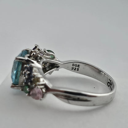 Thomas Kinkade BGE 925 Sterling Silver Multi Gem Floral Ring Blue Stone Size 9