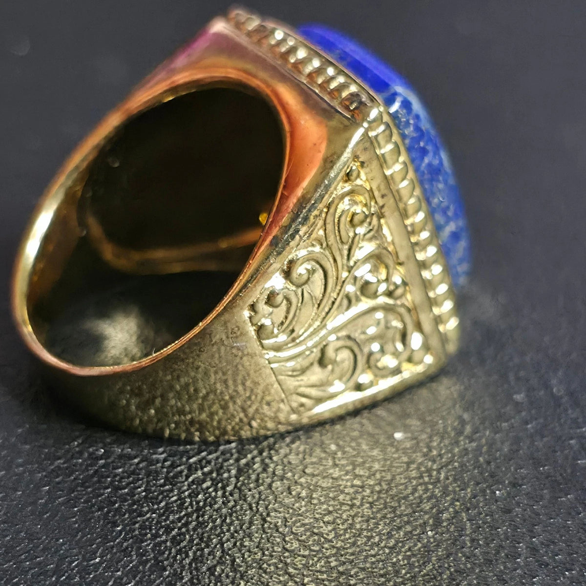 Gold Over Sterling Silver Lapis Lazuli Ring Size 8 Rectangle Ornate BBJ 925
