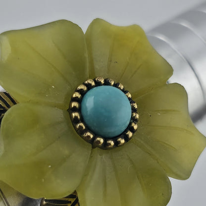 Sterling Silver Bronze Flower Ring Size 7 Yellow Floral Turquoise Cabochon 925