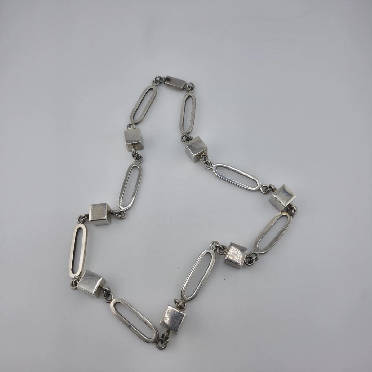 Vintage Sterling Silver 925 Mexico Geometric Cube Oval Link Necklace 80g 23"