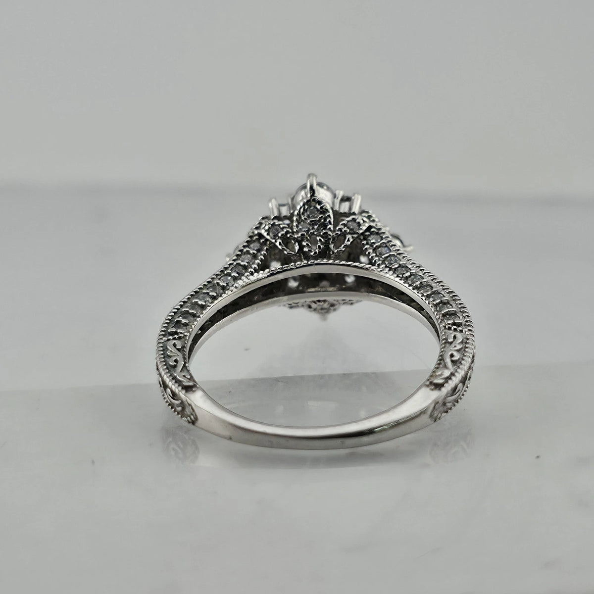 Sterling Silver CZ Halo Ring Size 6 Round Clear Stones Ornate Filigree Band
