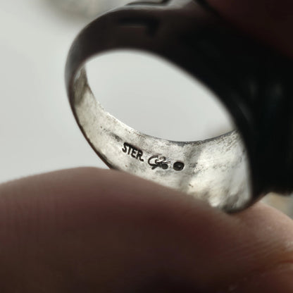 Vintage Sterling Silver Black Onyx Signet Ring Size 8 Inlay Sunburst Patina