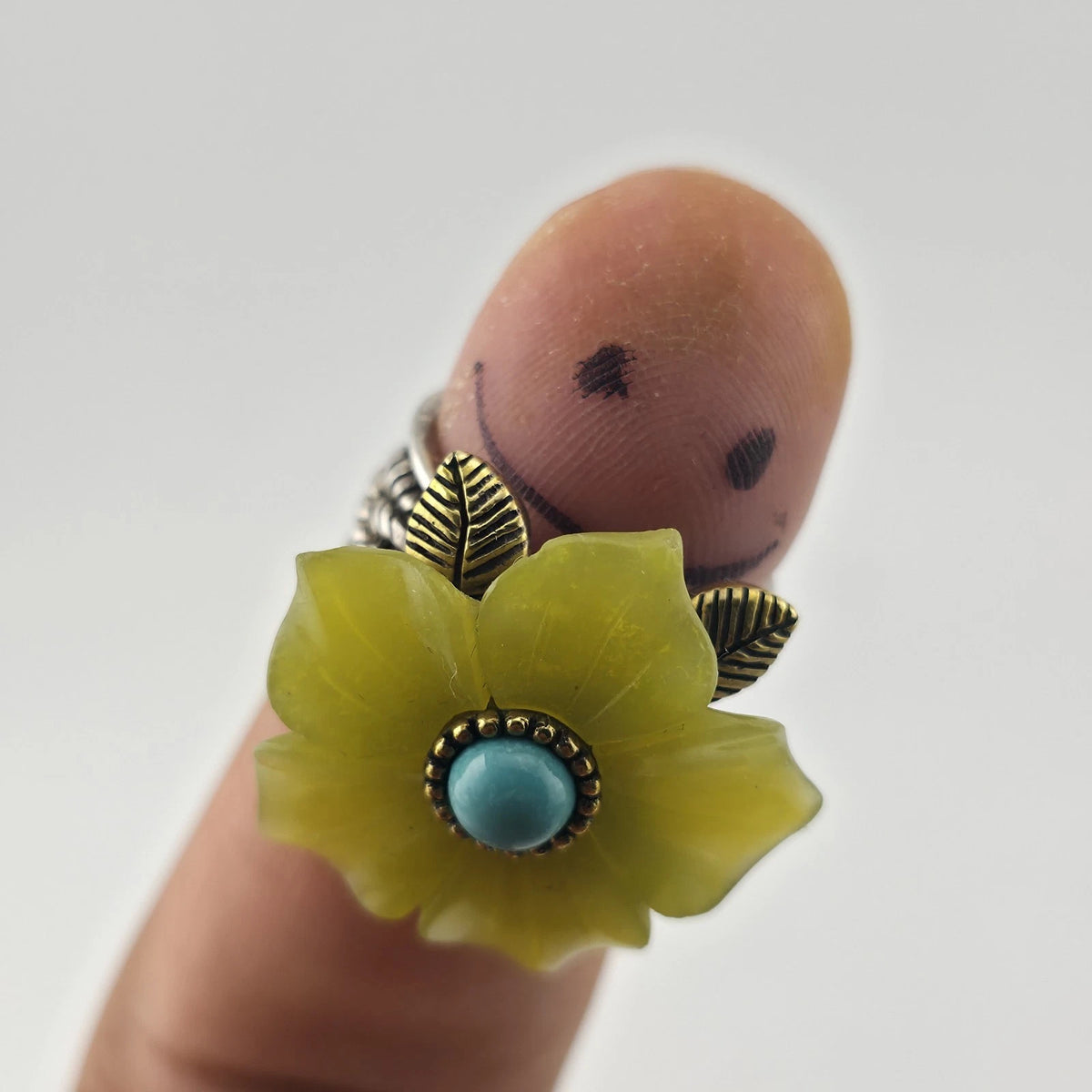 Sterling Silver Bronze Flower Ring Size 7 Yellow Floral Turquoise Cabochon 925