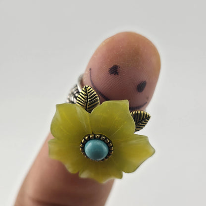 Sterling Silver Bronze Flower Ring Size 7 Yellow Floral Turquoise Cabochon 925