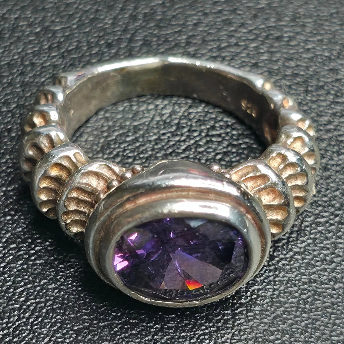 Sterling Silver Purple Oval Faceted Stone Ring Sz 9.25 Beaded Band