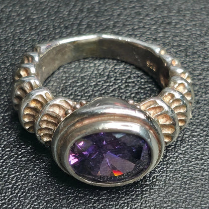 Sterling Silver Purple Oval Faceted Stone Ring Sz 9.25 Beaded Band