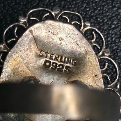 Sterling Silver Oval Filigree Ring Mottled Green/Yellow/Blue Cabochon Size 8 Vtg