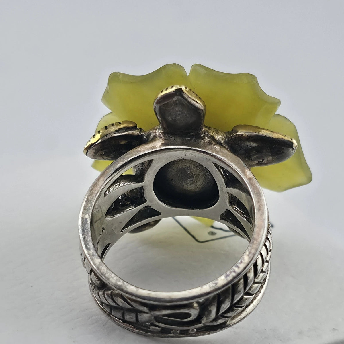 Sterling Silver Bronze Flower Ring Size 7 Yellow Floral Turquoise Cabochon 925