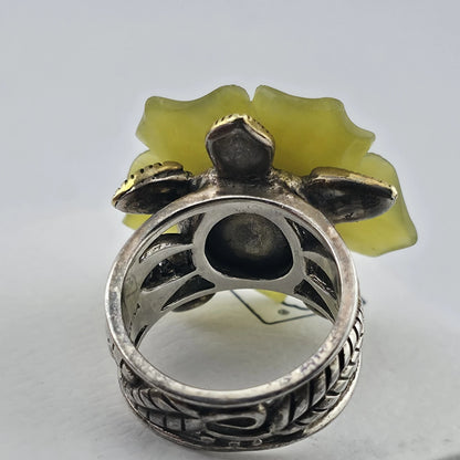 Sterling Silver Bronze Flower Ring Size 7 Yellow Floral Turquoise Cabochon 925