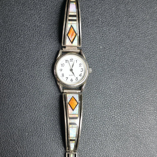 Earl Plummer Navajo Sterling Silver Opal Inlay Watch Bracelet Native American
