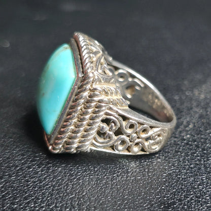 Vintage Sterling Silver Turquoise Ring Square Cabochon Rope Bezel Filigree Sz 6