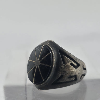 Vintage Sterling Silver Black Onyx Signet Ring Size 8 Inlay Sunburst Patina