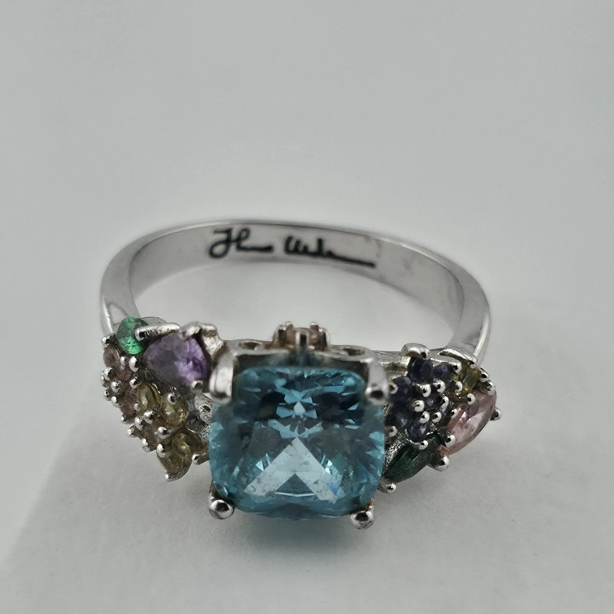 Thomas Kinkade BGE 925 Sterling Silver Multi Gem Floral Ring Blue Stone Size 9