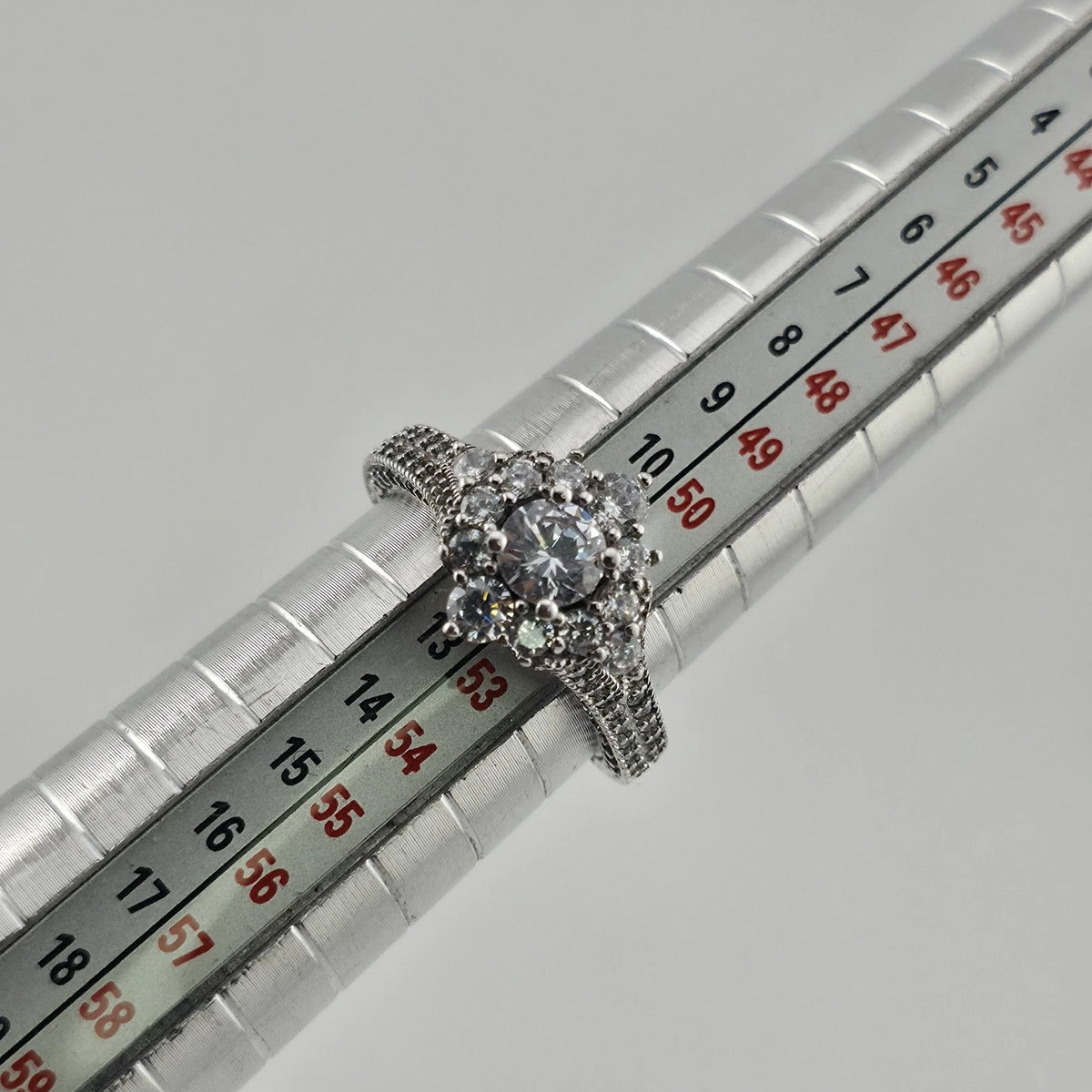 Sterling Silver CZ Halo Ring Size 6 Round Clear Stones Ornate Filigree Band