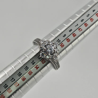 Sterling Silver CZ Halo Ring Size 6 Round Clear Stones Ornate Filigree Band