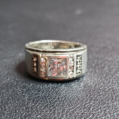 925 Sterling Silver Princess Cut Clear Stone Wide Band Ring Size 7.5 Pave Accent