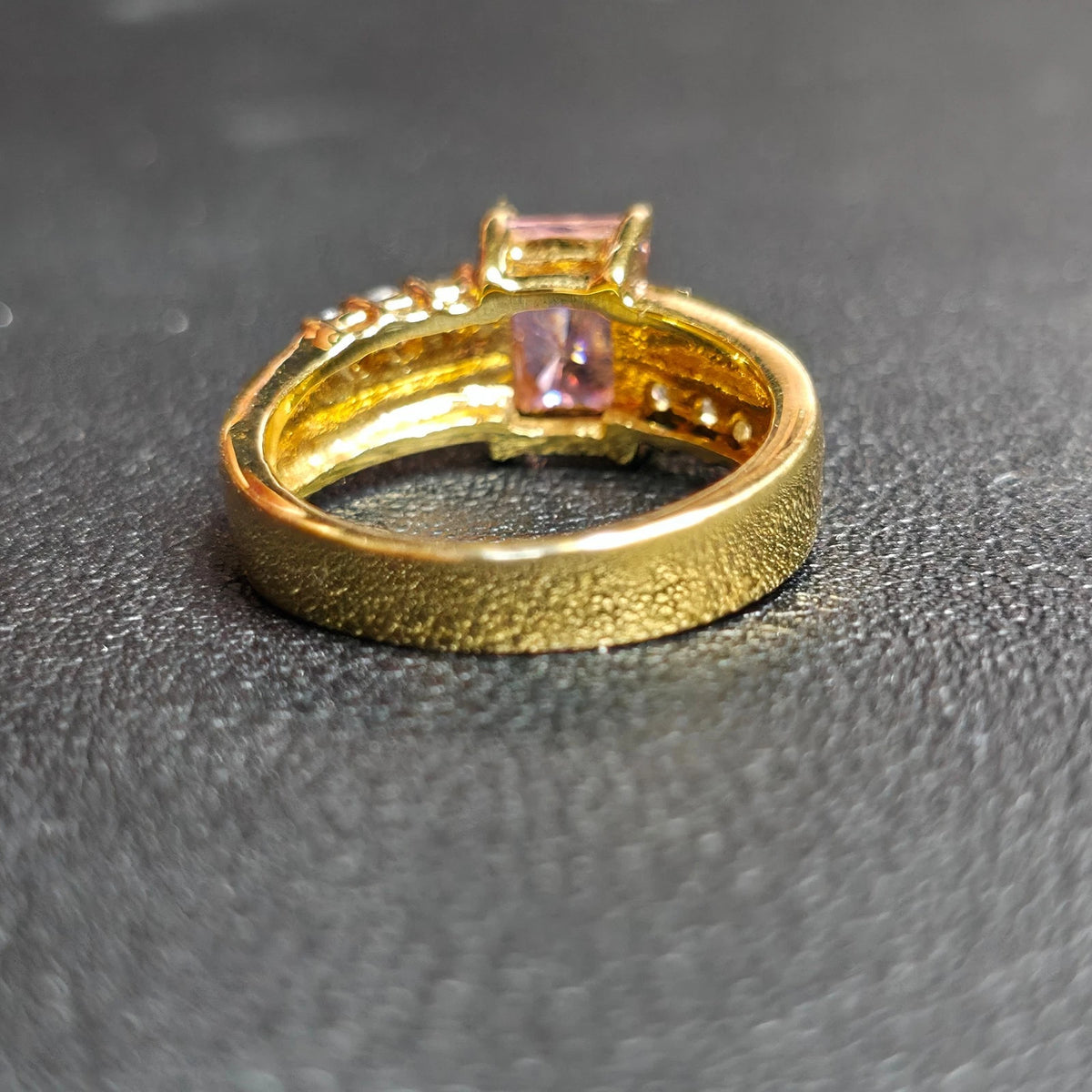 Gold Tone Pink Rectangle Stone Ring Sz 7 Clear Accents One Clear Stone Missing