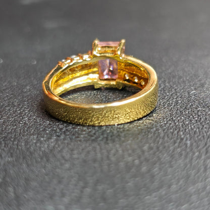 Gold Tone Pink Rectangle Stone Ring Sz 7 Clear Accents One Clear Stone Missing