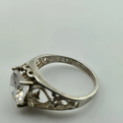 Sterling Silver 925 Large Clear Stone Ring Filigree Heart Vintage Size 7.5