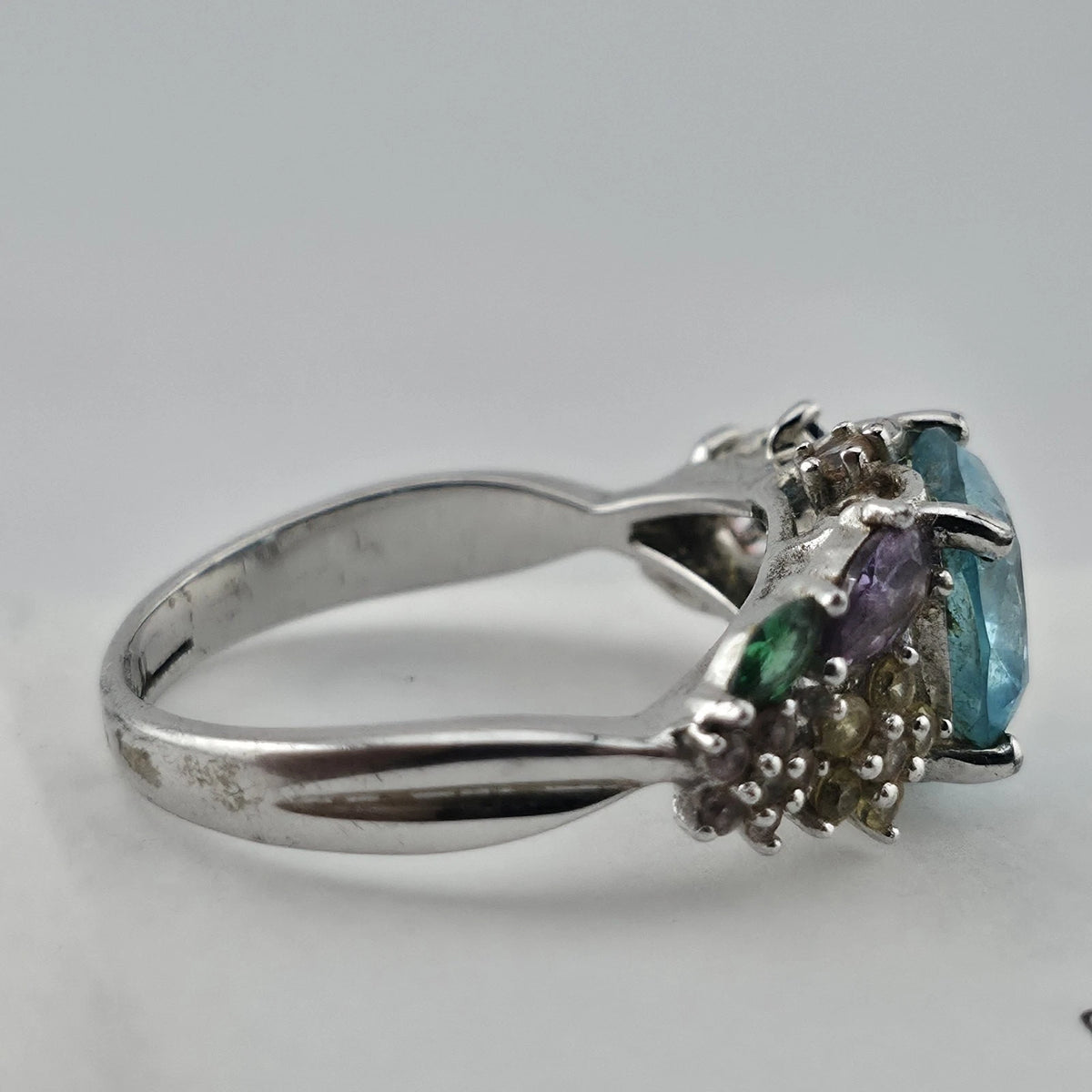 Thomas Kinkade BGE 925 Sterling Silver Multi Gem Floral Ring Blue Stone Size 9