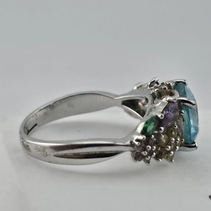 Thomas Kinkade BGE 925 Sterling Silver Multi Gem Floral Ring Blue Stone Size 9
