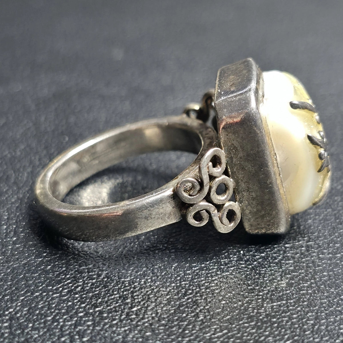 Sterling Silver 925 Mother of Pearl Statement Ring Size 7 Artisan Scroll Design