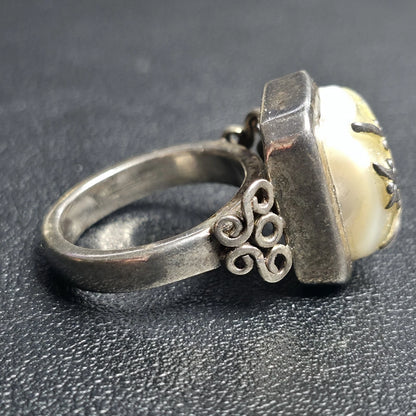 Sterling Silver 925 Mother of Pearl Statement Ring Size 7 Artisan Scroll Design