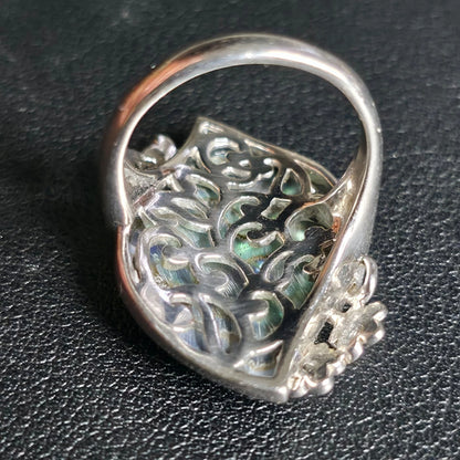 Sterling Silver Abalone Shell Ring Size 7 Rhodium Plated Flower Design BBJ 925