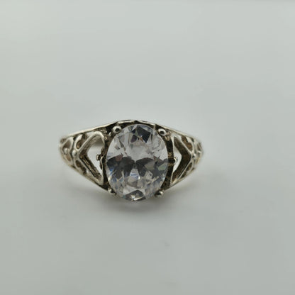 Sterling Silver 925 Large Clear Stone Ring Filigree Heart Vintage Size 7.5