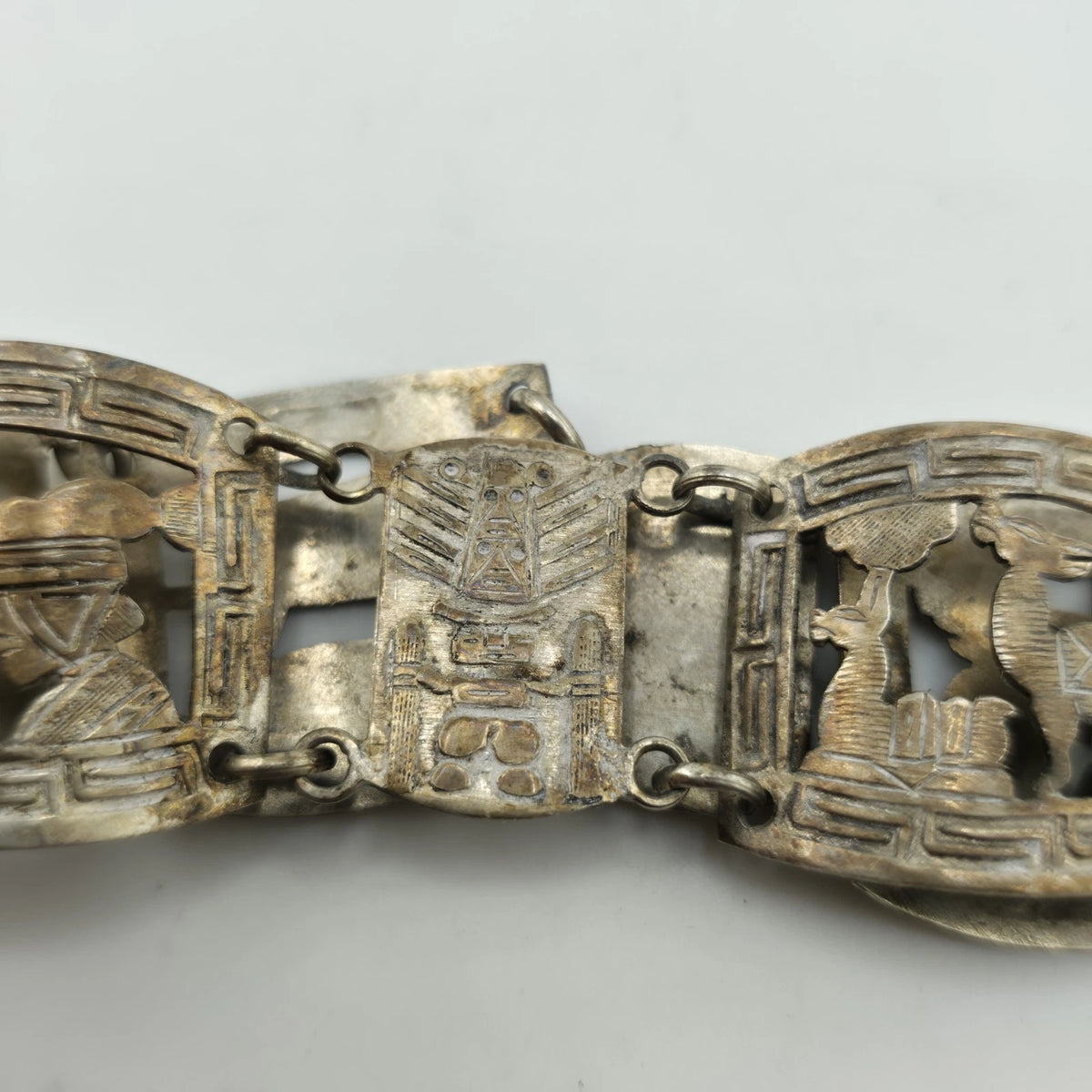 Vintage Sterling Peruvian Story Panel Link Bracelet Cultural Motif Design 15.5g