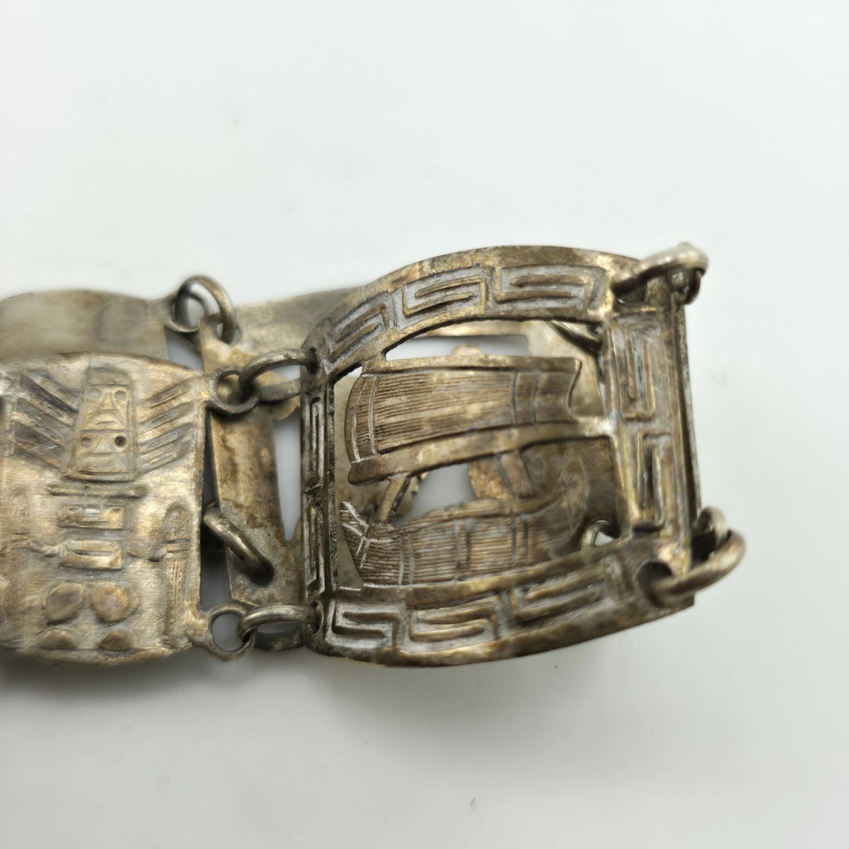 Vintage Sterling Peruvian Story Panel Link Bracelet Cultural Motif Design 15.5g