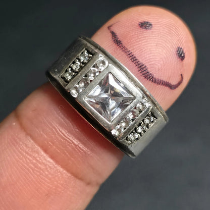925 Sterling Silver Princess Cut Clear Stone Wide Band Ring Size 7.5 Pave Accent