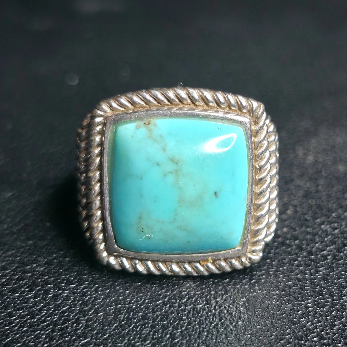 Vintage Sterling Silver Turquoise Ring Square Cabochon Rope Bezel Filigree Sz 6