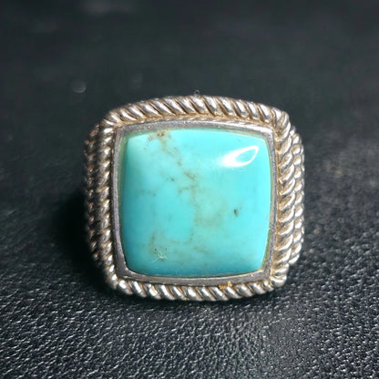 Vintage Sterling Silver Turquoise Ring Square Cabochon Rope Bezel Filigree Sz 6