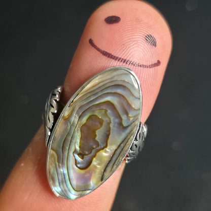 Sterling Silver Abalone Shell Ring Size 7 Rhodium Plated Flower Design BBJ 925