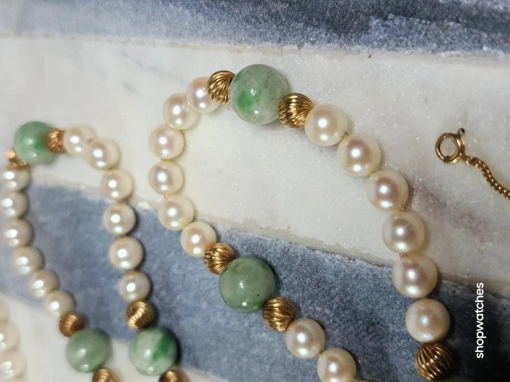 Pearl Jade Gold Beaded Necklace 30" 12K GF Beads 10K Gold Clasp Vintage
