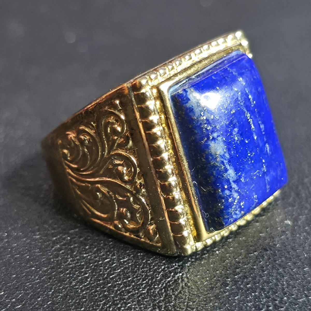 Gold Over Sterling Silver Lapis Lazuli Ring Size 8 Rectangle Ornate BBJ 925