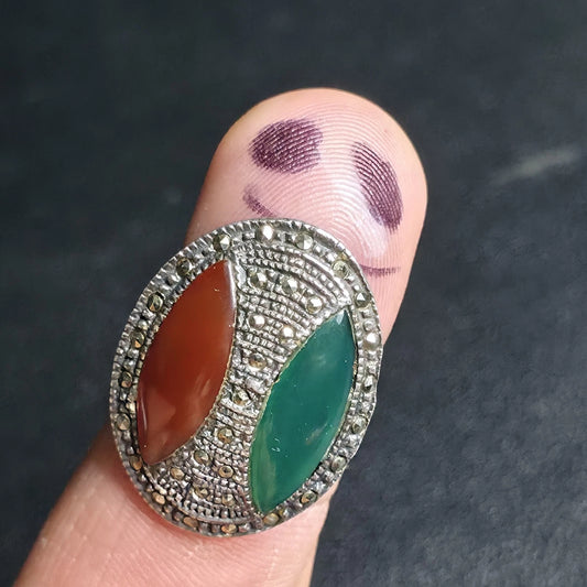 Vintage Sterling Silver Art Deco Ring Carnelian Chrysoprase Marcasite Size 6
