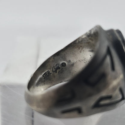 Vintage Sterling Silver Black Onyx Signet Ring Size 8 Inlay Sunburst Patina