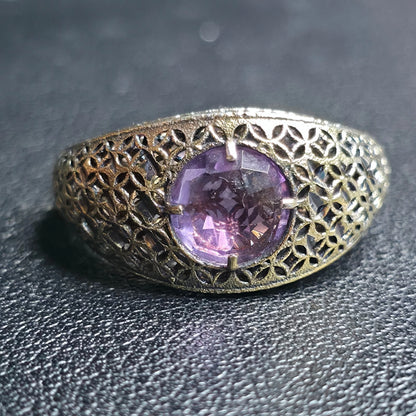 Sterling Silver Art Deco Filigree Dome Ring Purple-Pink Stone Sz 9