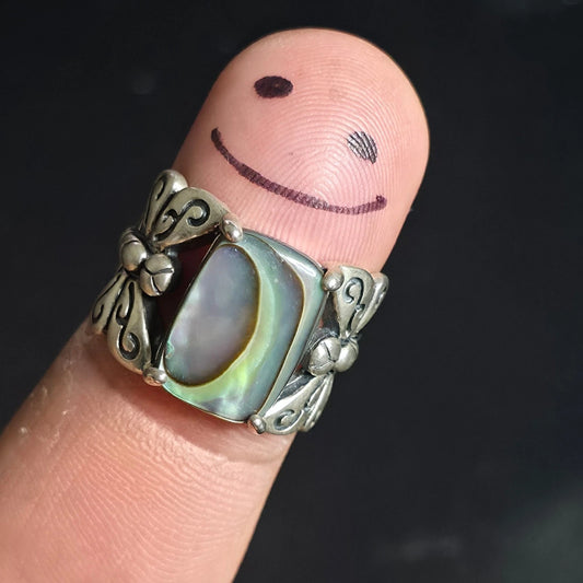Sterling Silver Abalone Shell Ring Size 7 Rhodium Plated Dragonfly BBJ 925