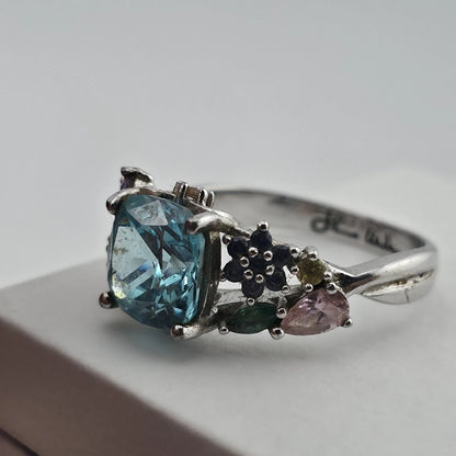 Thomas Kinkade BGE 925 Sterling Silver Multi Gem Floral Ring Blue Stone Size 9