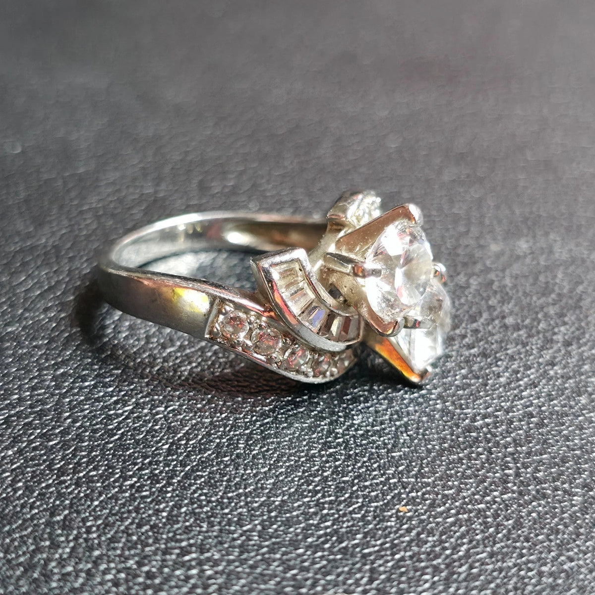 Sterling Silver Two Stone Clear Round Bypass Ring Size 7.5-8 Channel Set