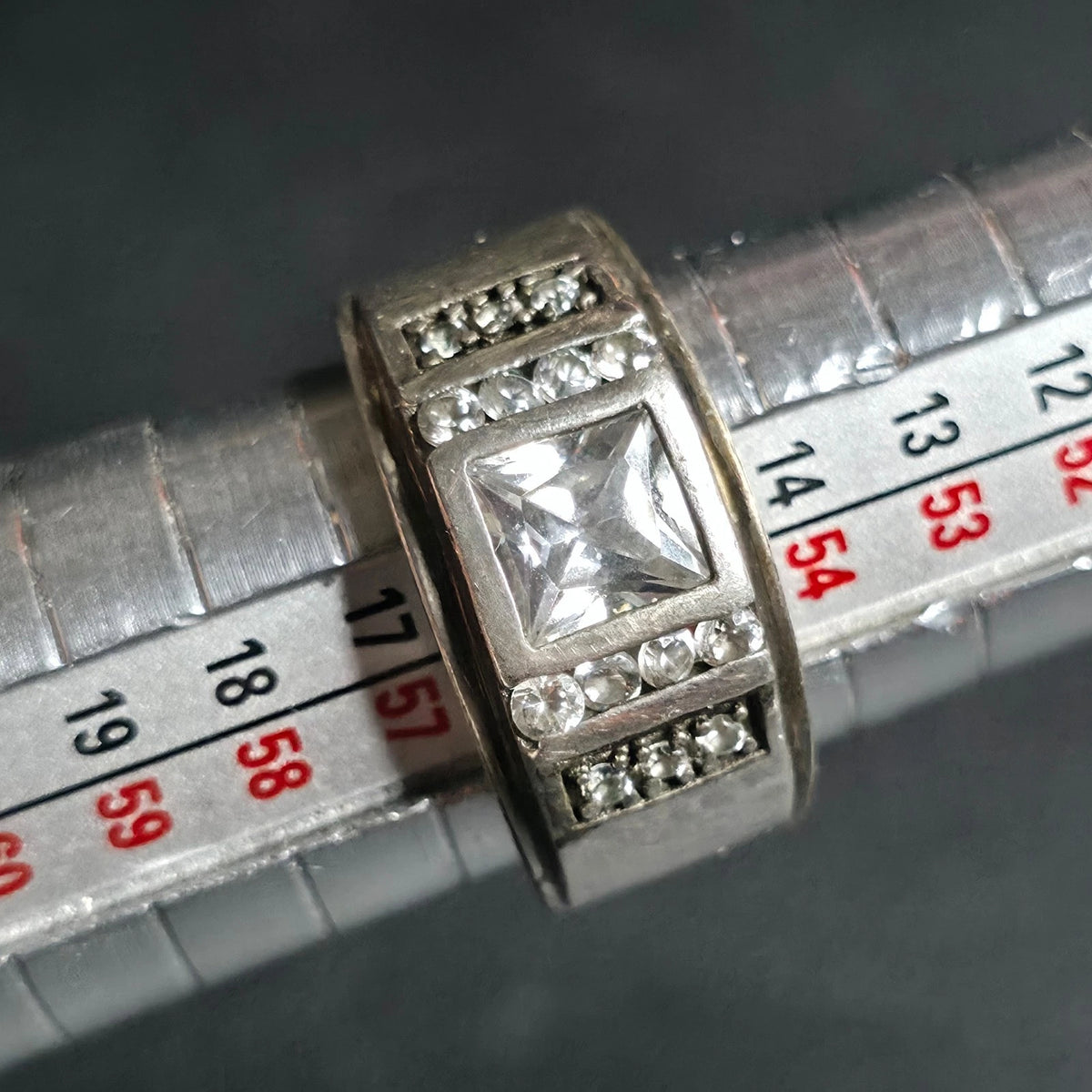 925 Sterling Silver Princess Cut Clear Stone Wide Band Ring Size 7.5 Pave Accent